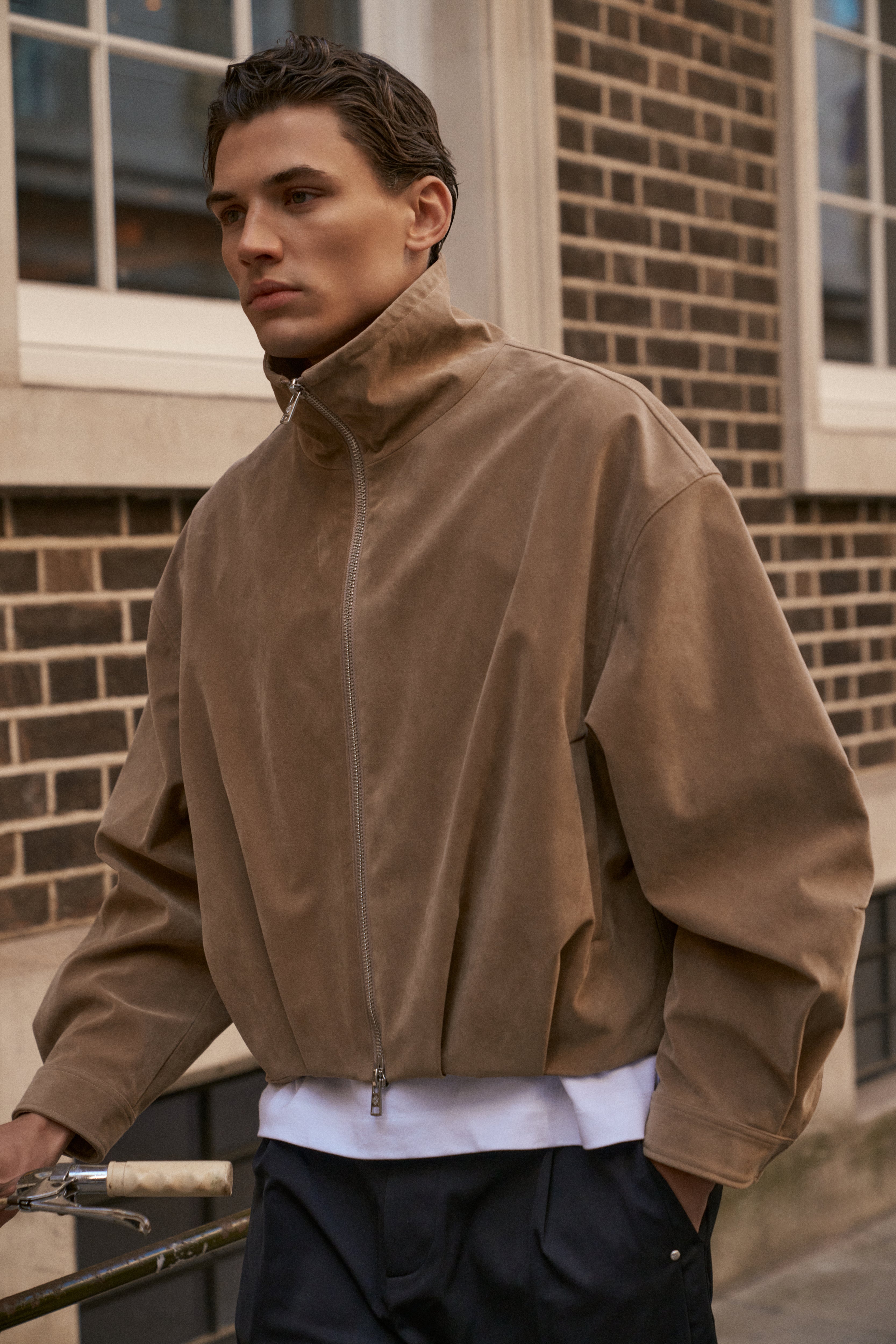 FAUX SUEDE FUNNEL NECK JACKET - BEIGE