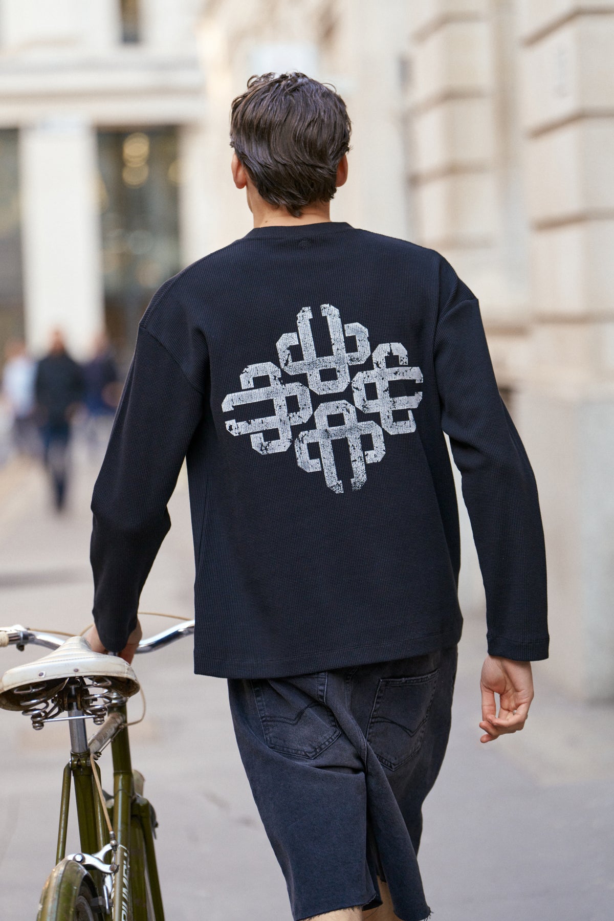 VINTAGE PRINT WAFFLE LONG SLEEVE T-SHIRT - BLACK