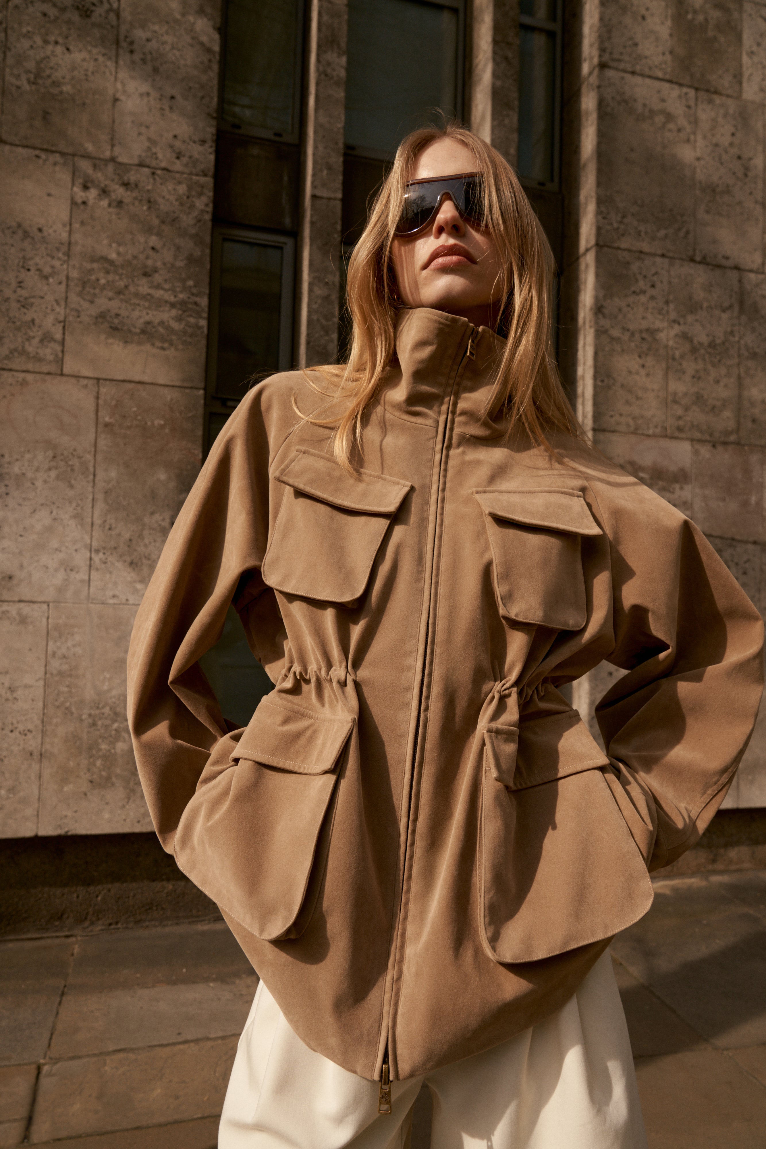 FAUX SUEDE BELLOW POCKET RUCHED WAIST JACKET - BEIGE