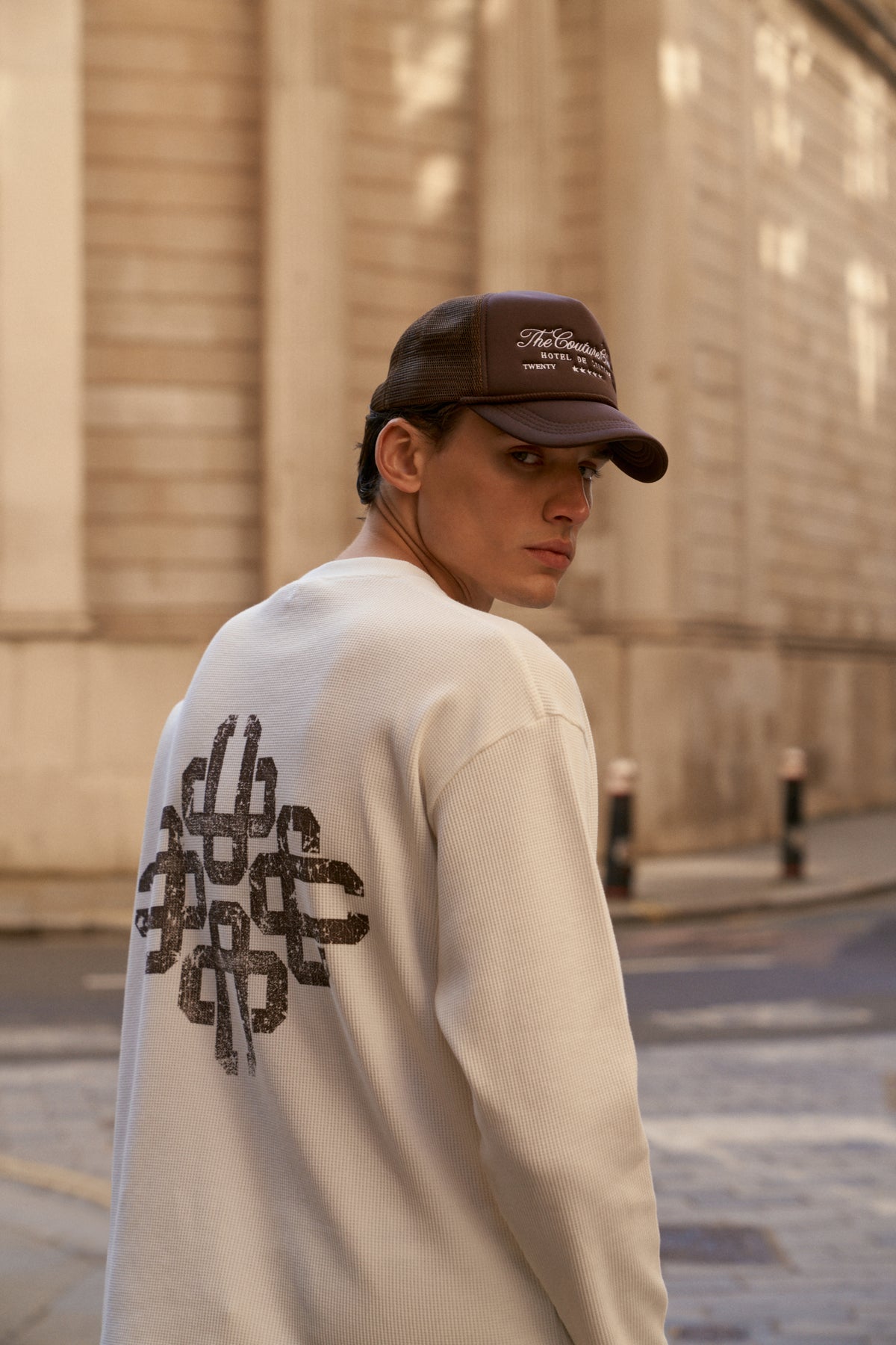 VINTAGE PRINT WAFFLE LONG SLEEVE T-SHIRT - WHITE