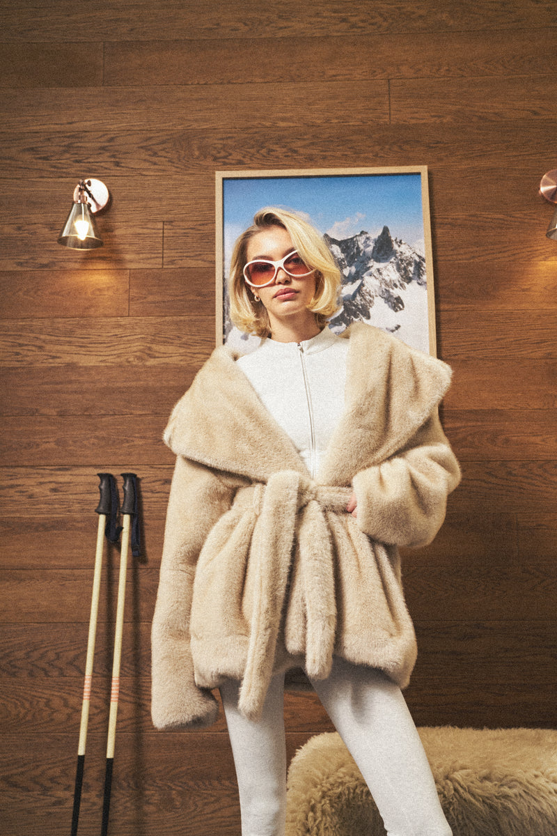 BELTED FAUX FUR HOODED COAT - BEIGE – The Couture Club
