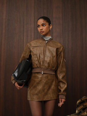 FAUX LEATHER SHOULDER PADDED BOMBER JACKET - WASHED BROWN