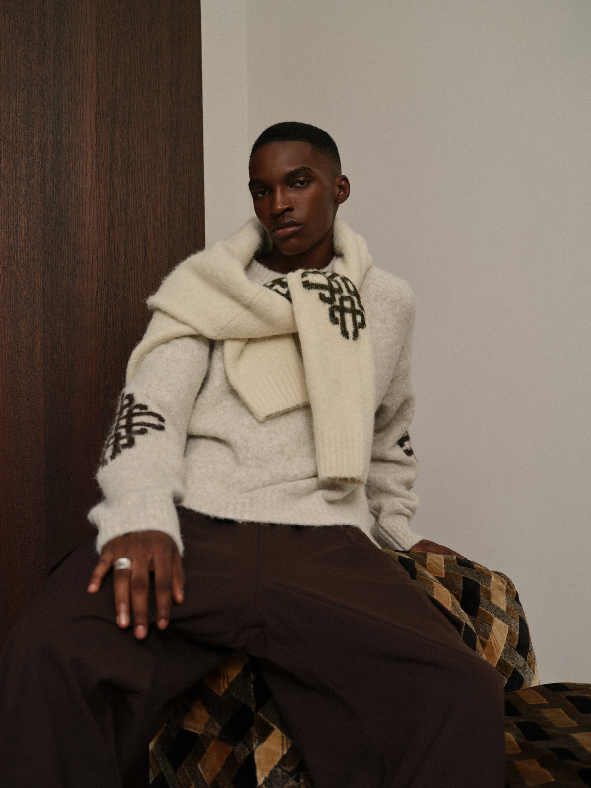BRUSHED EMBLEM SLEEVE KNITTED CREW - BEIGE