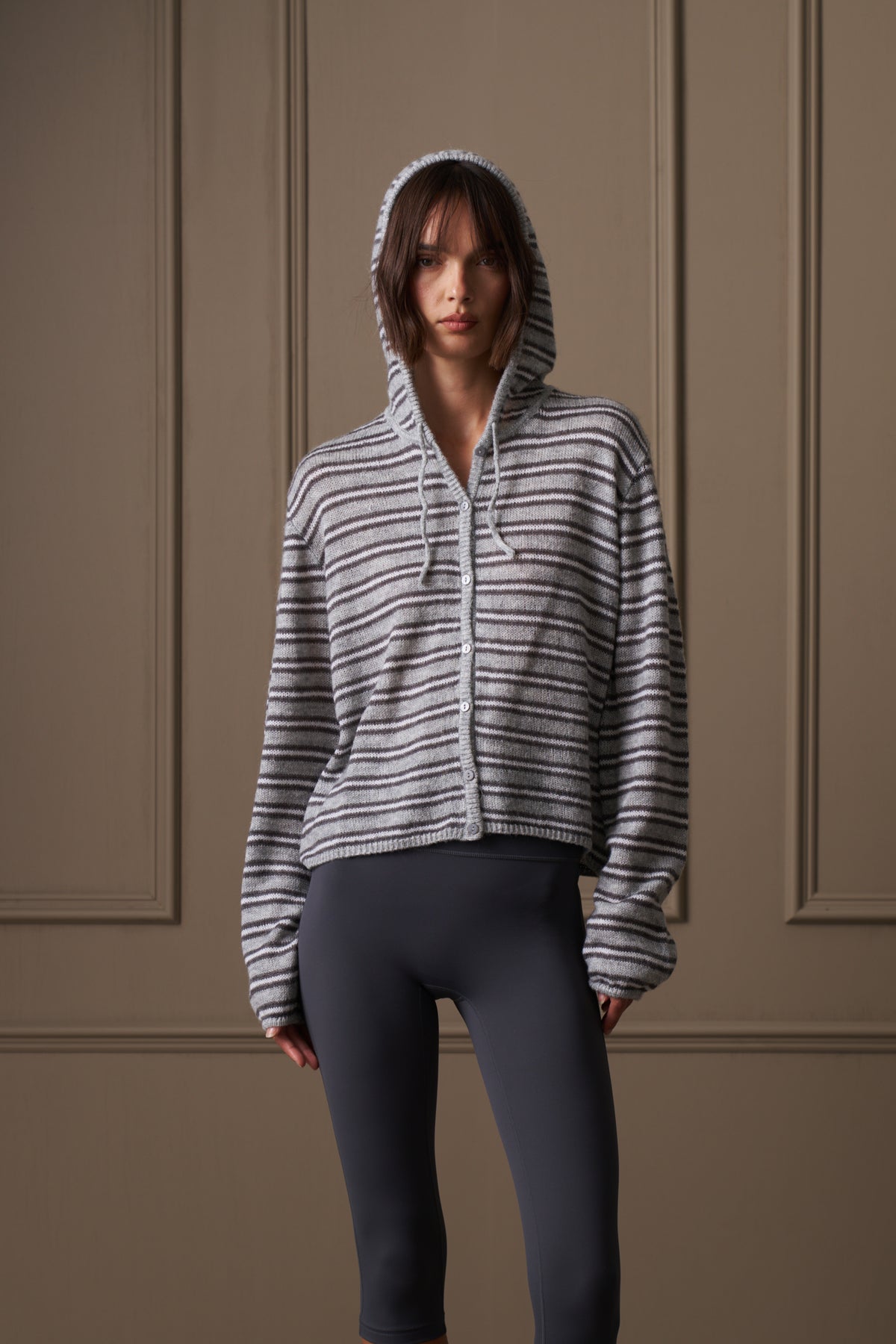 STRIPE LOOSE KNIT HOODED CARDIGAN - GREY