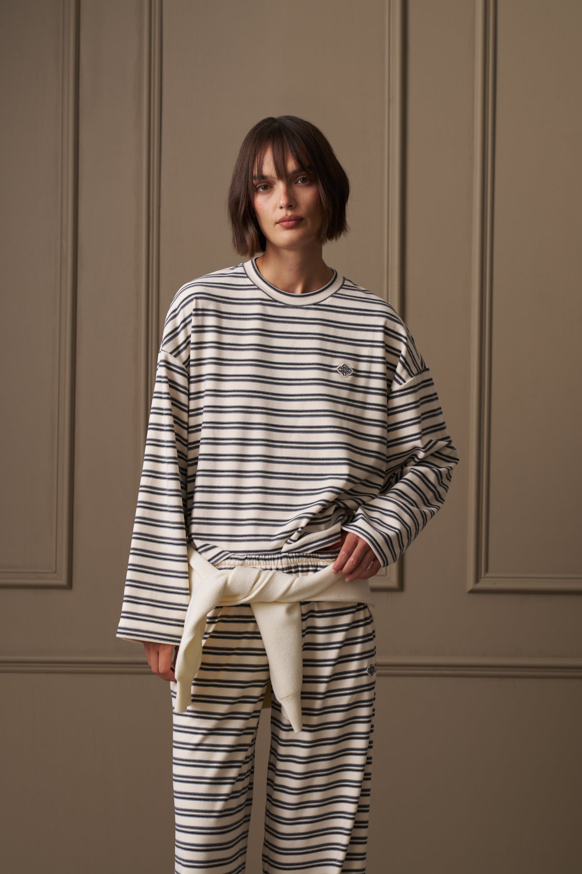 STRIPE FLEECE LONG SLEEVE T-SHIRT - OFF WHITE
