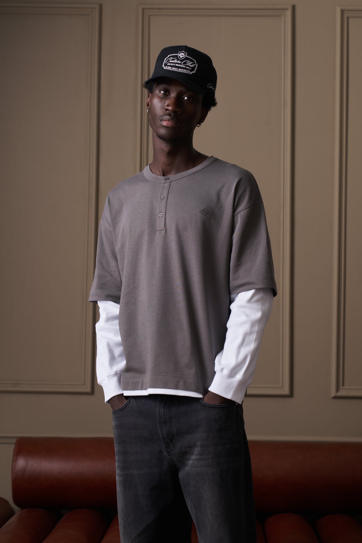 DOUBLE LAYER HENLEY LONG SLEEVE T-SHIRT - GREY