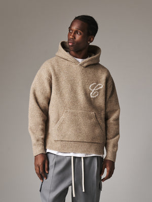 SCRIPT LOGO GRAPHIC KNITTED HOODIE - BEIGE
