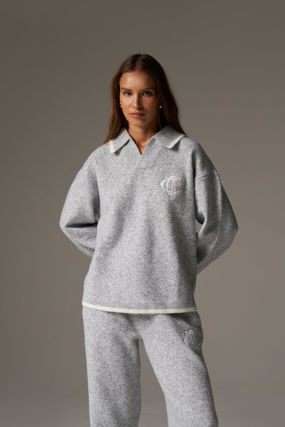 MONOGRAM KNITTED POLO TOP - GREY