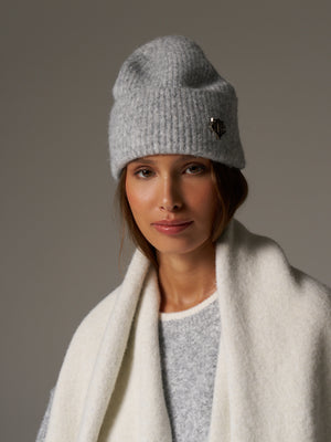 FLUFFY KNIT MONOGRAM PIN BADGE BEANIE - GREY