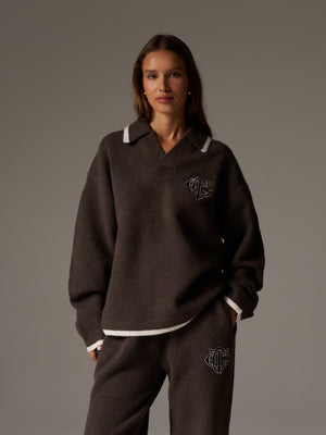 MONOGRAM KNITTED POLO TOP - BROWN