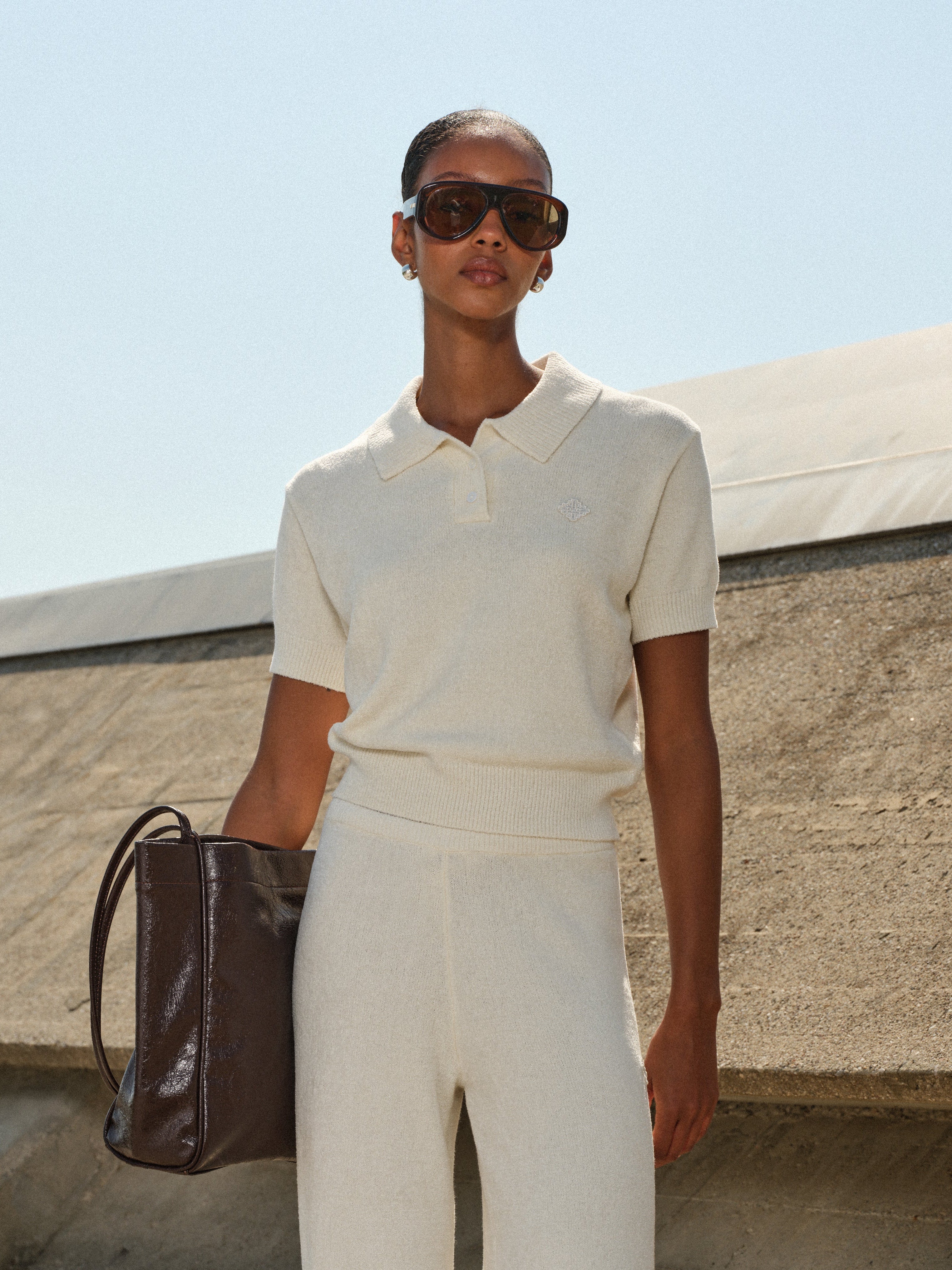 TOWELLING OPEN COLLAR T-SHIRT - WHITE