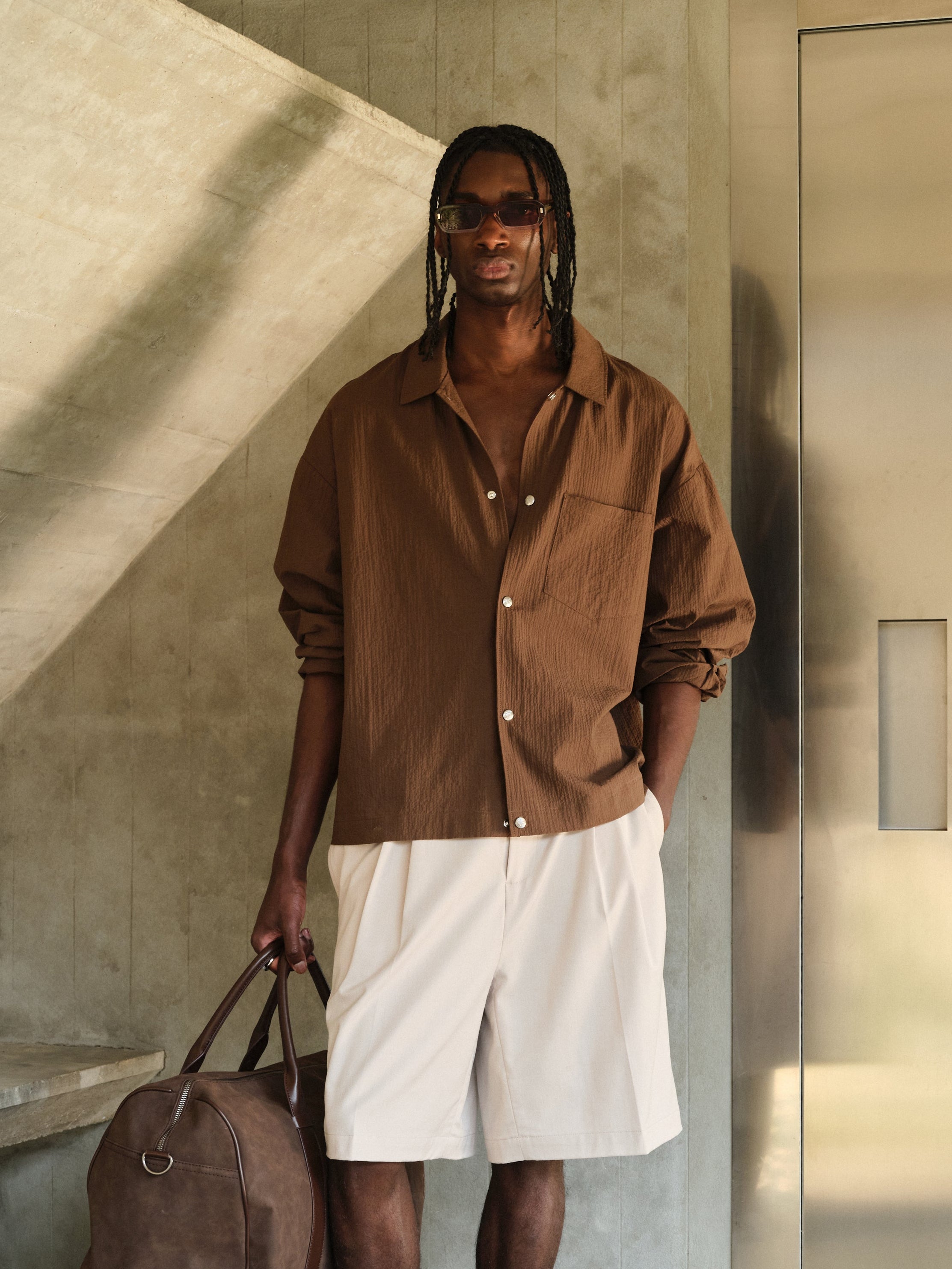 TEXTURED LONG SLEEVE SHIRT - BROWN