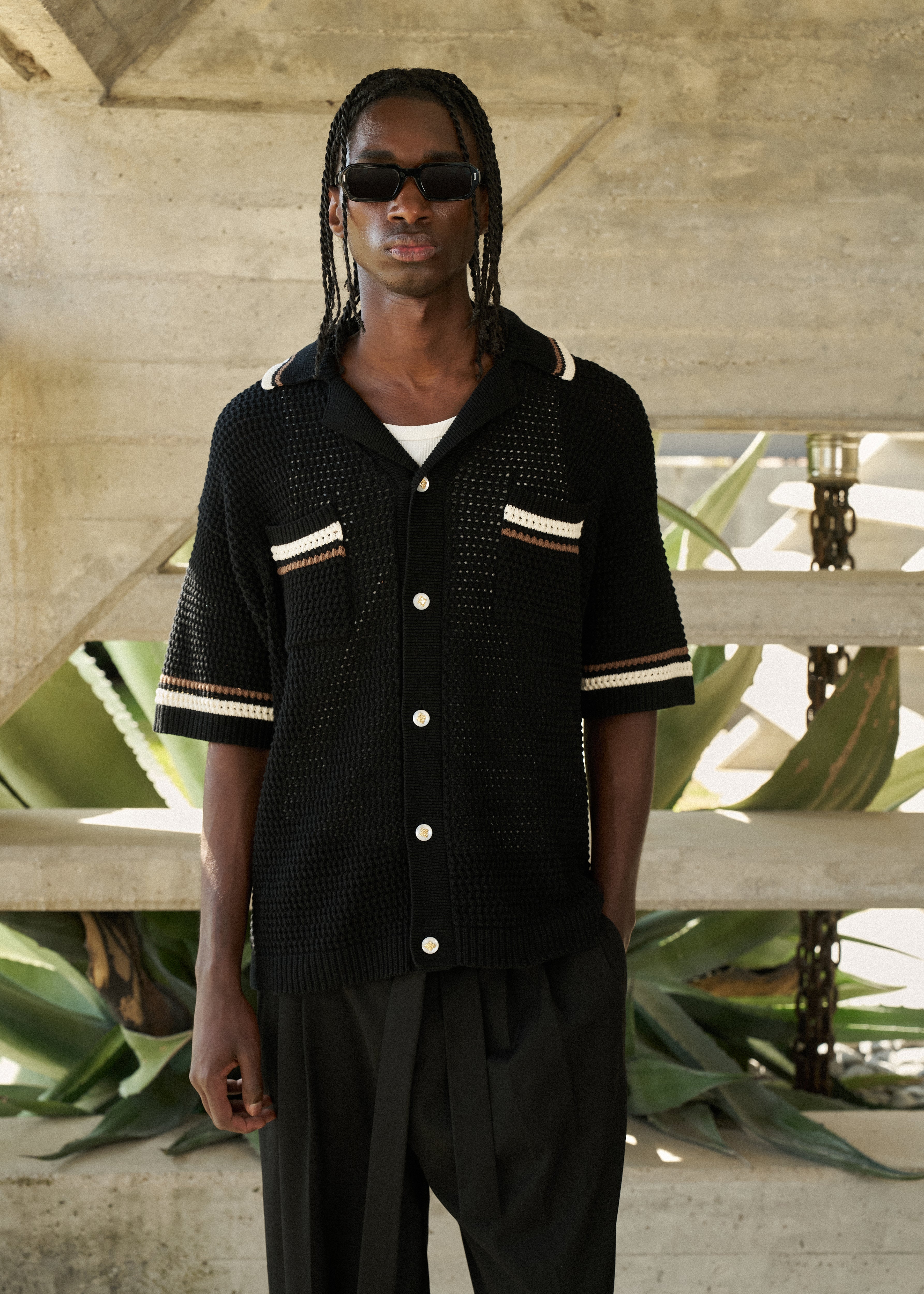 CROCHET KNITTED STRIPE BUTTON THROUGH SHIRT - BLACK