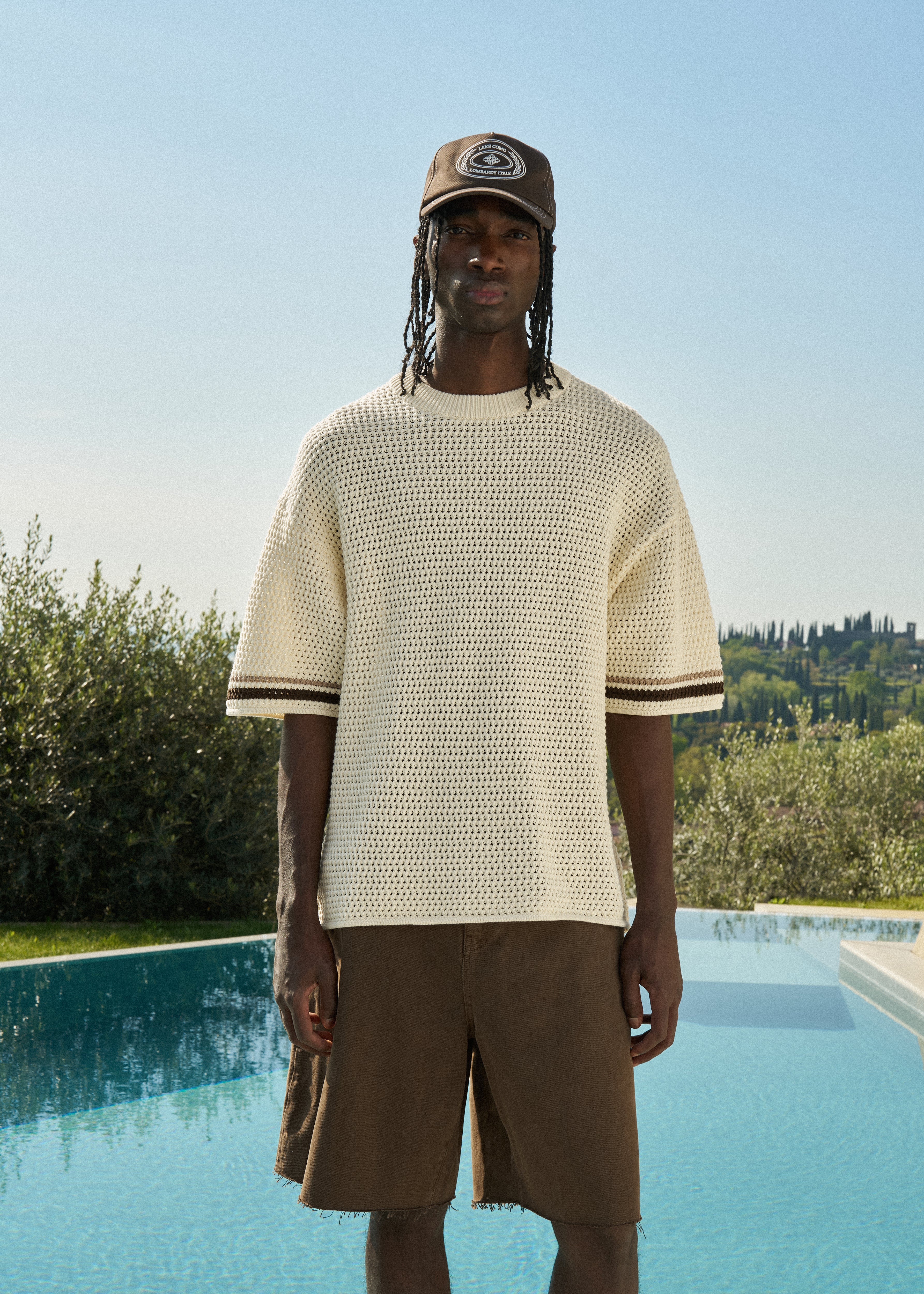CROCHET KNITTED STRIPE T-SHIRT - OFF WHITE