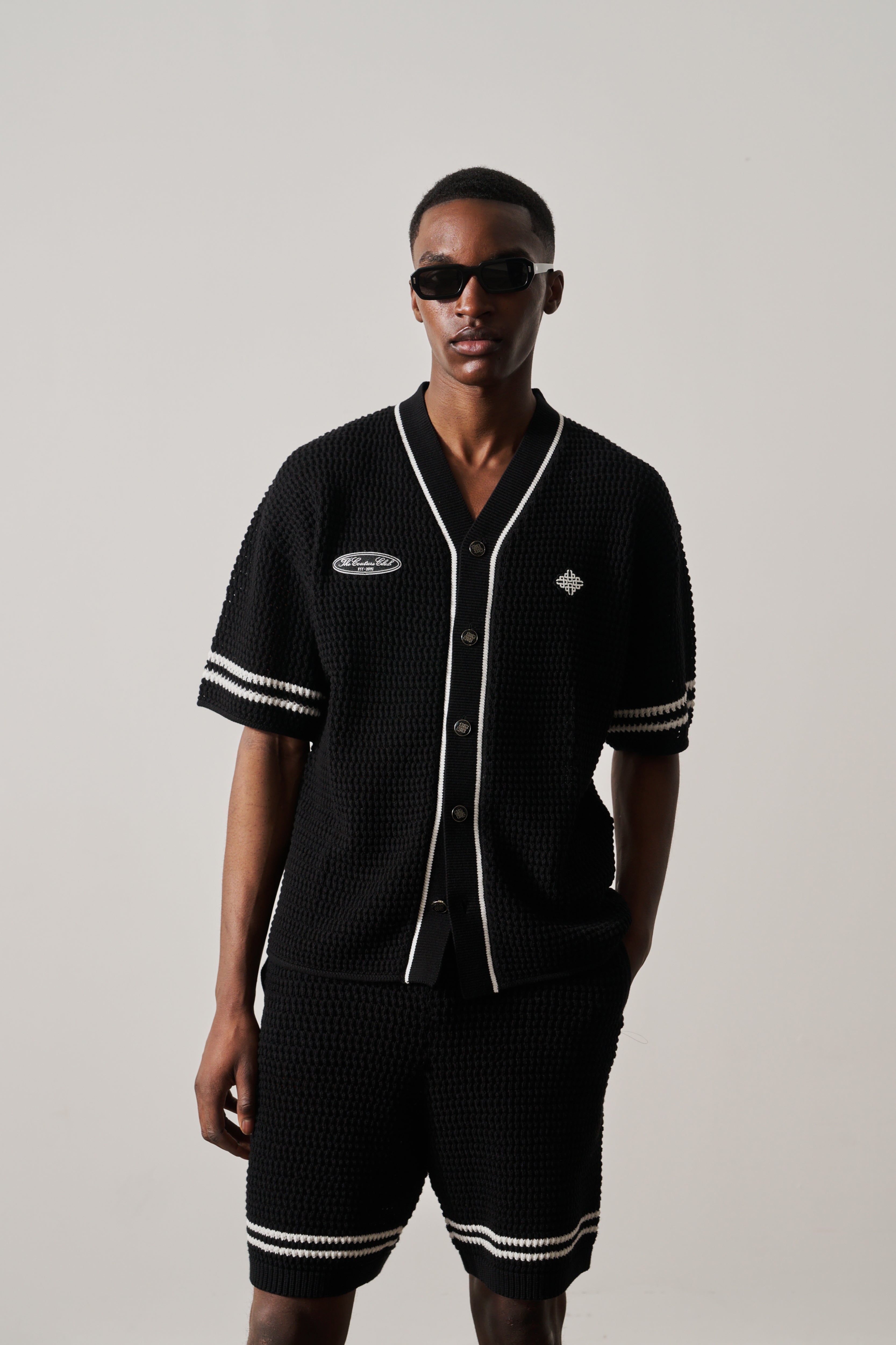 CROCHET KNITTED BASEBALL SHIRT - BLACK