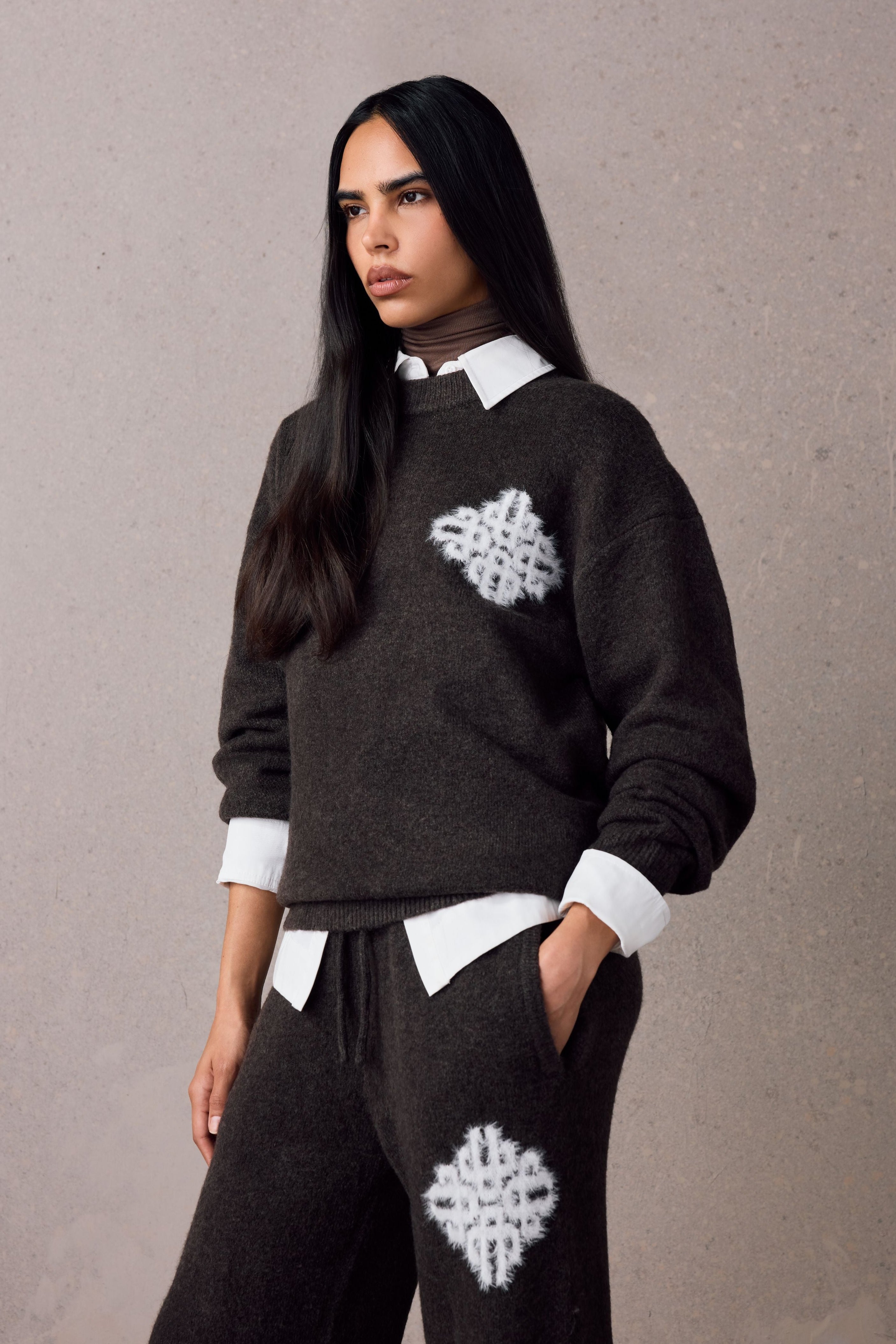 EMBLEM FLUFFY KNIT CREW - BROWN