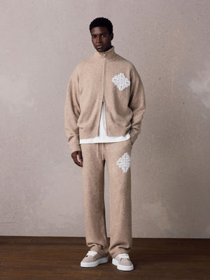 EMBLEM FLUFFY KNIT FUNNEL NECK - BEIGE