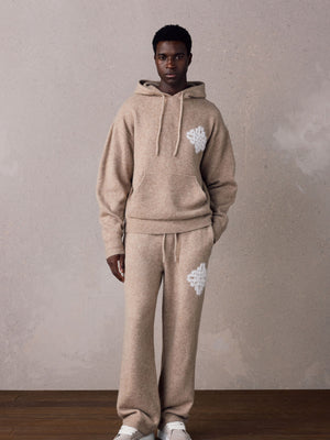 EMBLEM FLUFFY KNIT HOODIE - BEIGE