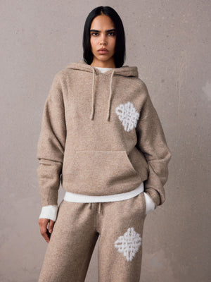 EMBLEM FLUFFY KNIT HOODIE - BEIGE