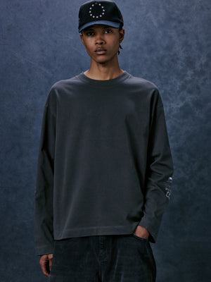 WASHED EMBLEM PRINT LONG SLEEVE T-SHIRT - WASHED BLACK