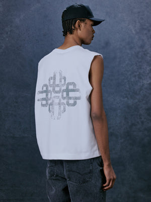 VINTAGE EMBLEM GRAPHIC CUT OFF VEST - WHITE