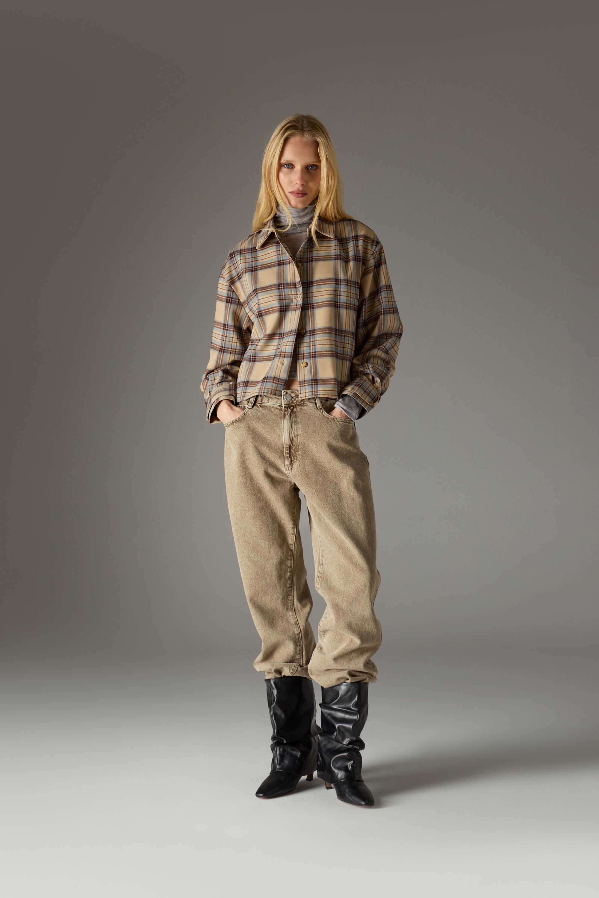 BRUSHED CHECK SHIRT - BEIGE