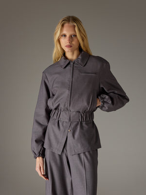 TAILORED SHOULDER PADDED BOMBER JACKET - GREY
