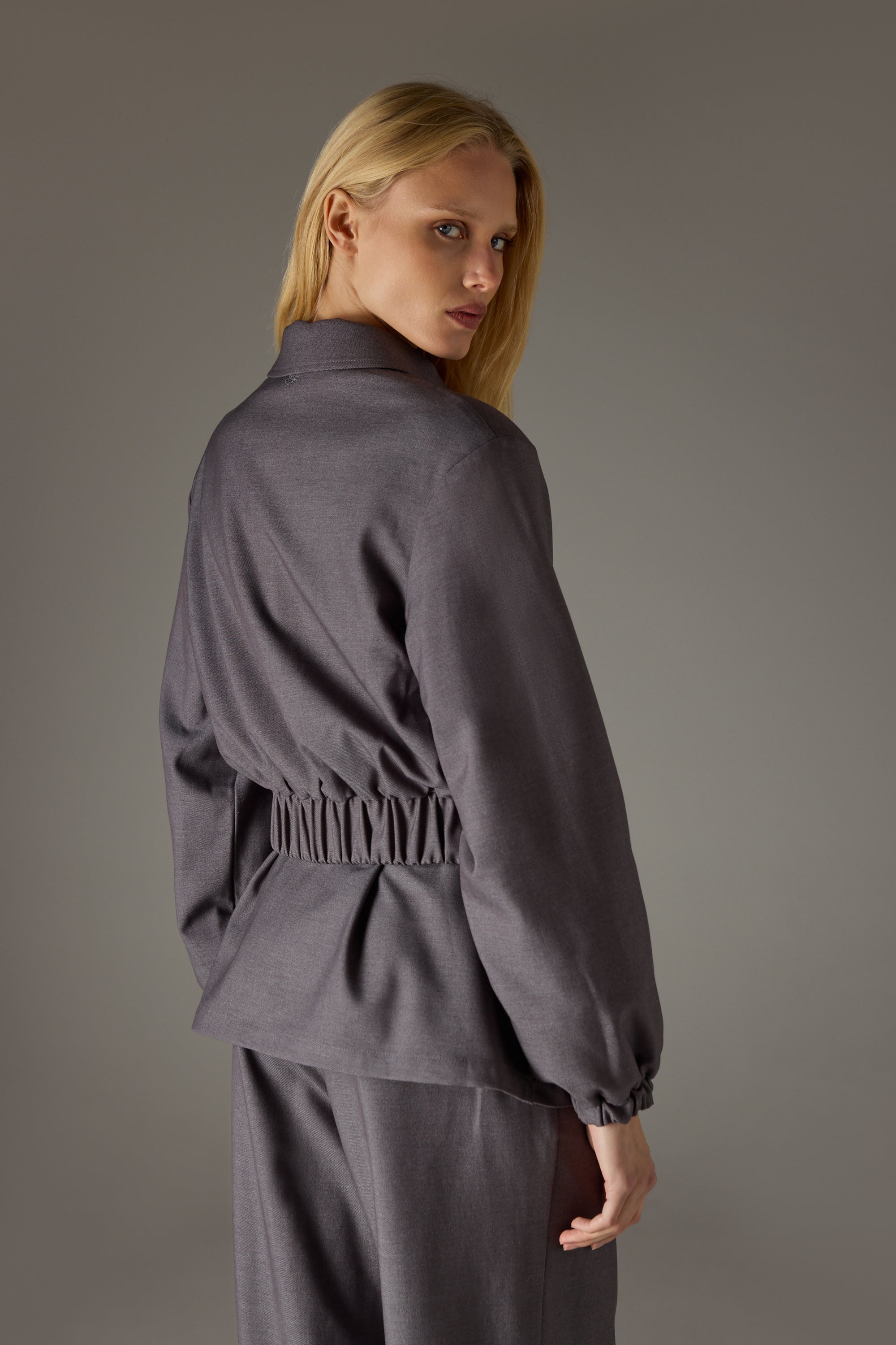 TAILORED SHOULDER PADDED BOMBER JACKET - GREY