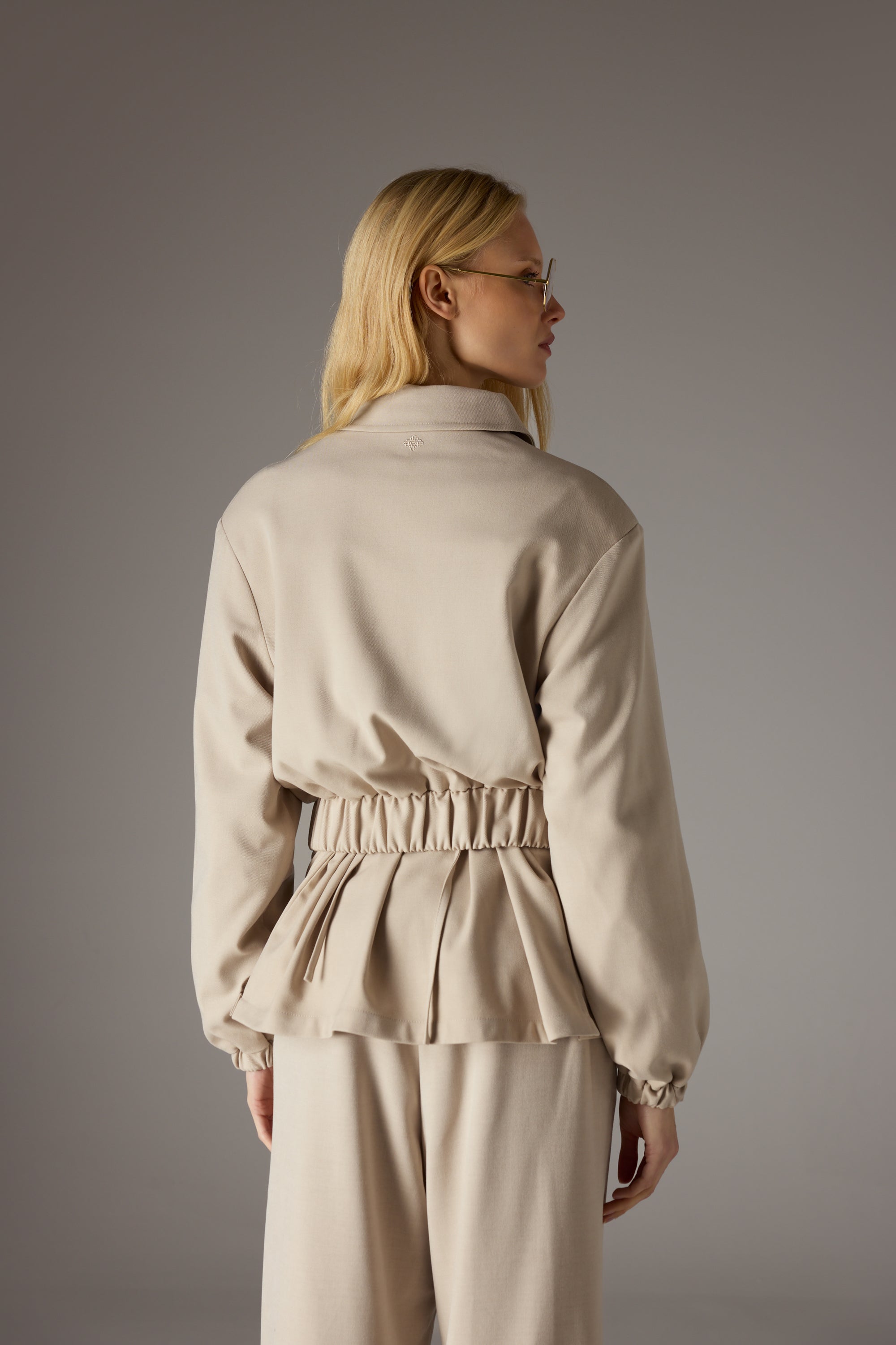 TAILORED SHOULDER PADDED BOMBER JACKET - BEIGE