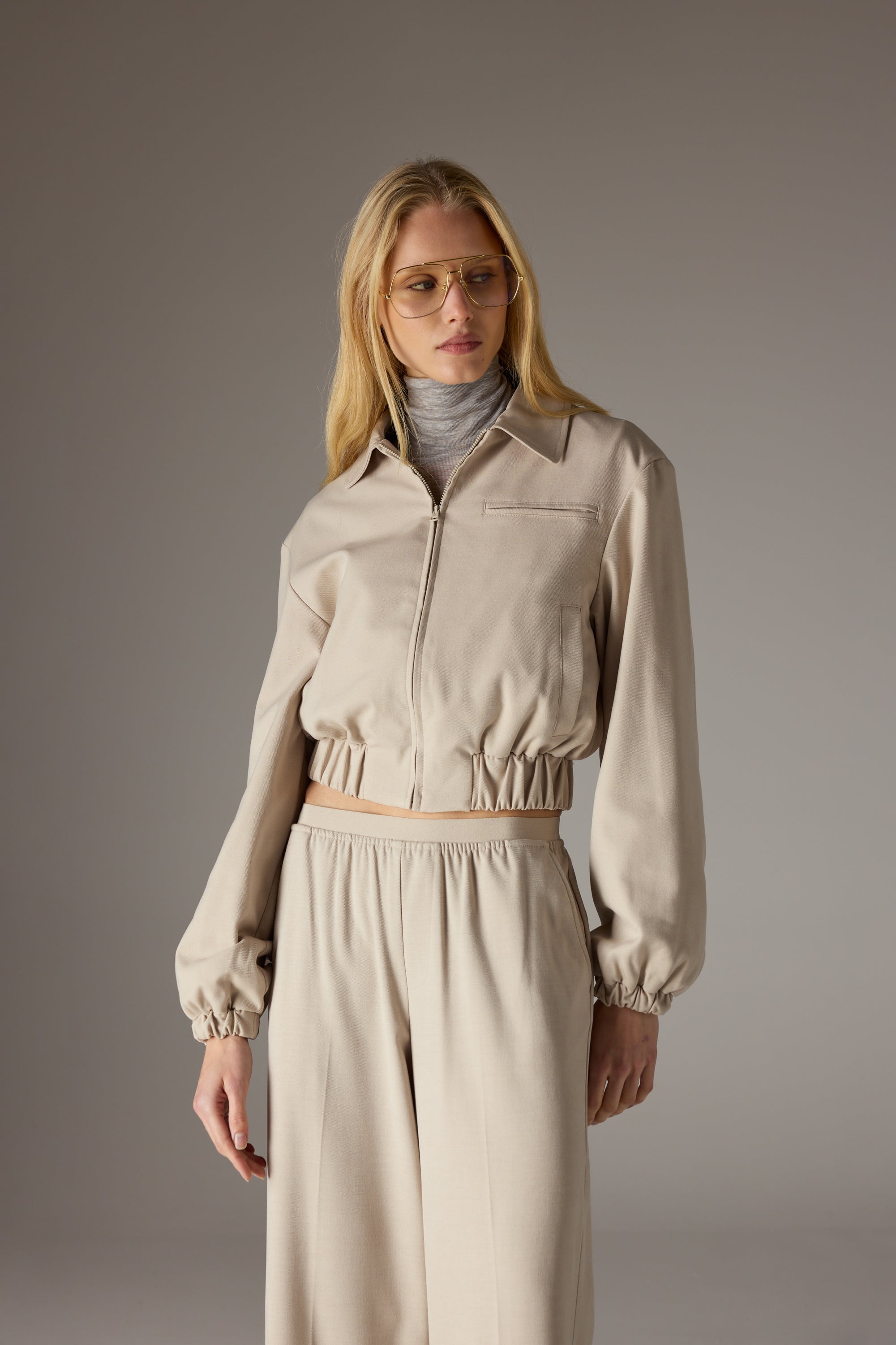 TAILORED SHOULDER PADDED BOMBER JACKET - BEIGE