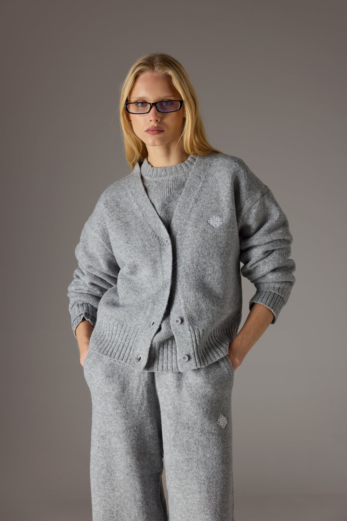 Fluffy Knit Emblem Embroidered Cardigan - Grey Marl