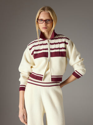 CONTRAST STRIPE KNITTED ZIP THROUGH - OFF WHITE