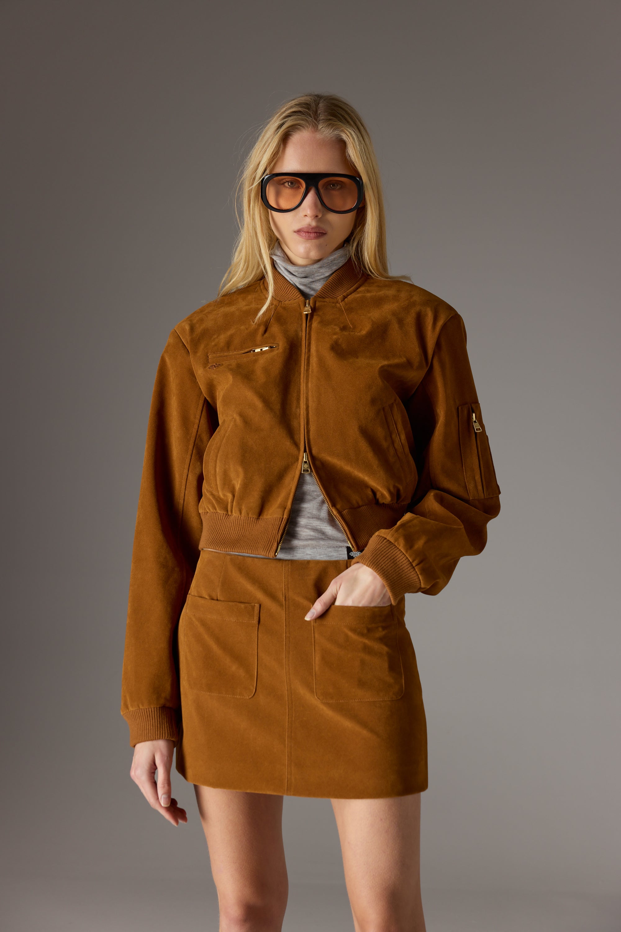 FAUX SUEDE BOMBER JACKET - TAN