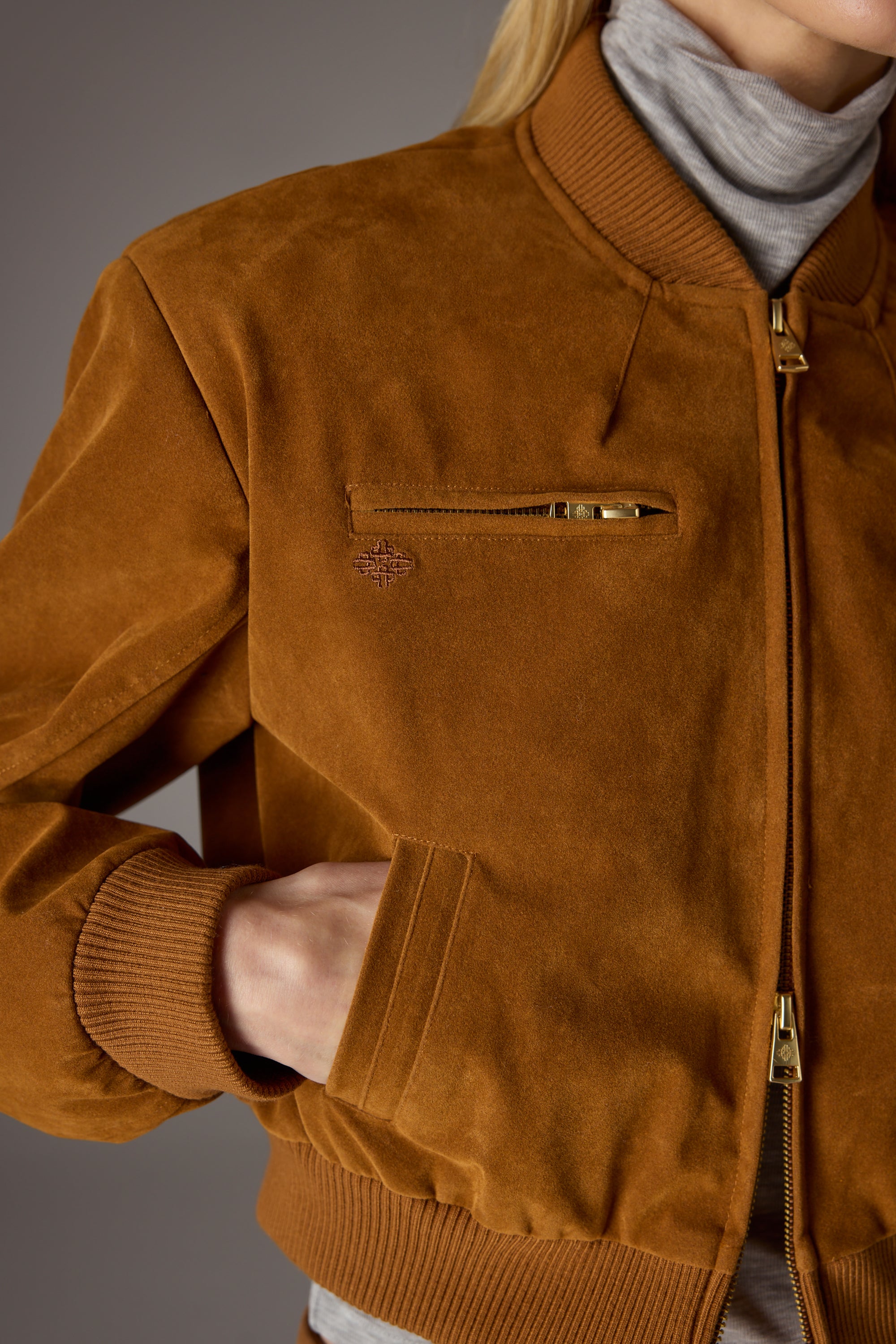 FAUX SUEDE BOMBER JACKET - TAN