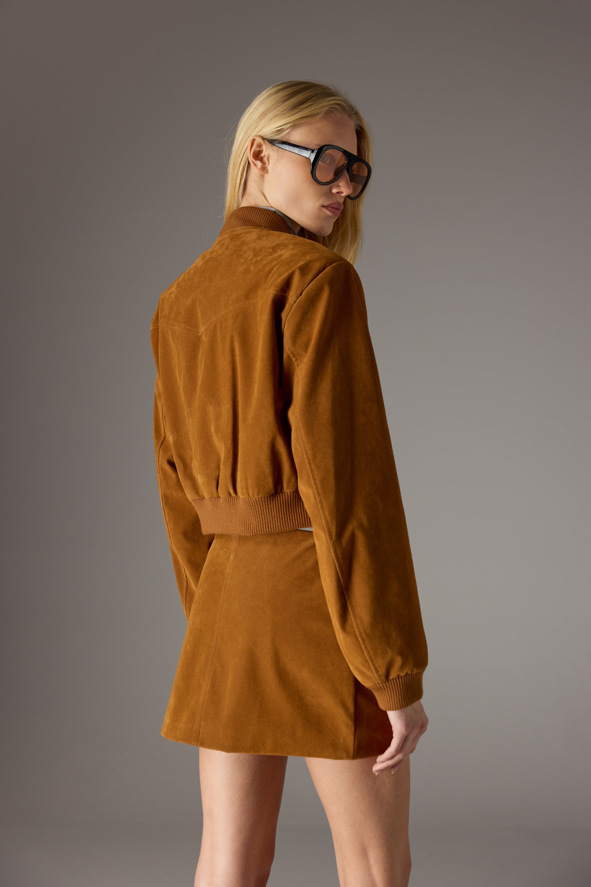 FAUX SUEDE BOMBER JACKET - TAN