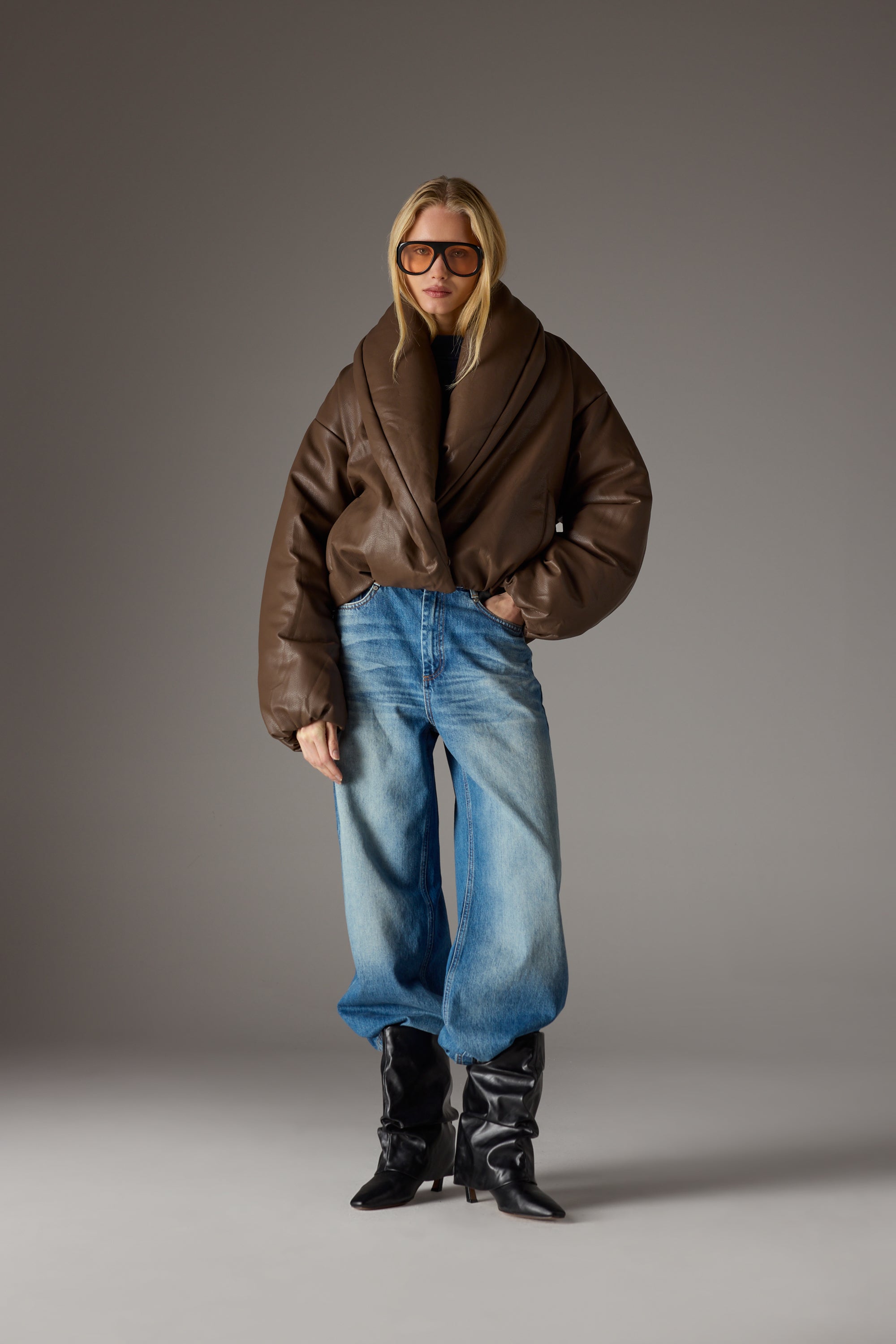 OVERSIZED COLLAR FAUX LEATHER PUFFER COAT - BROWN
