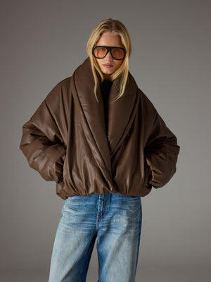 OVERSIZED COLLAR FAUX LEATHER PUFFER COAT - BROWN