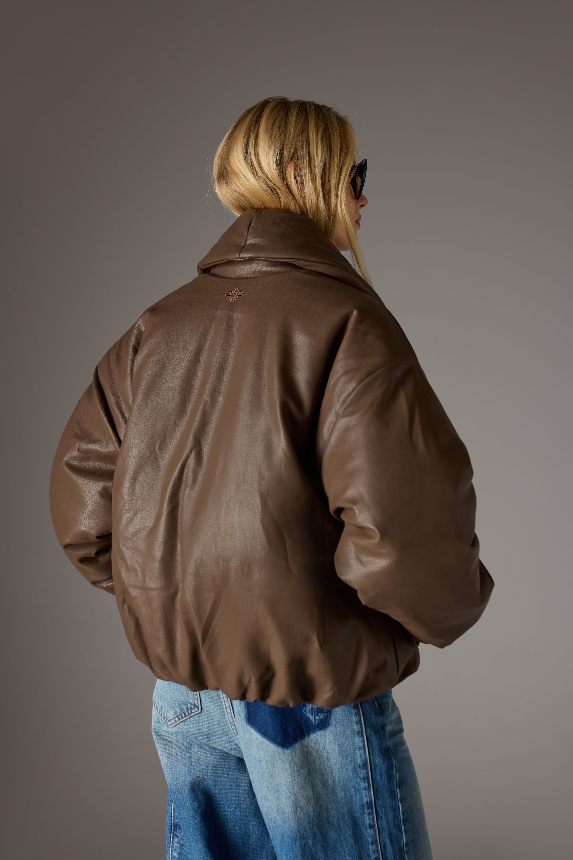 OVERSIZED COLLAR FAUX LEATHER PUFFER COAT - BROWN