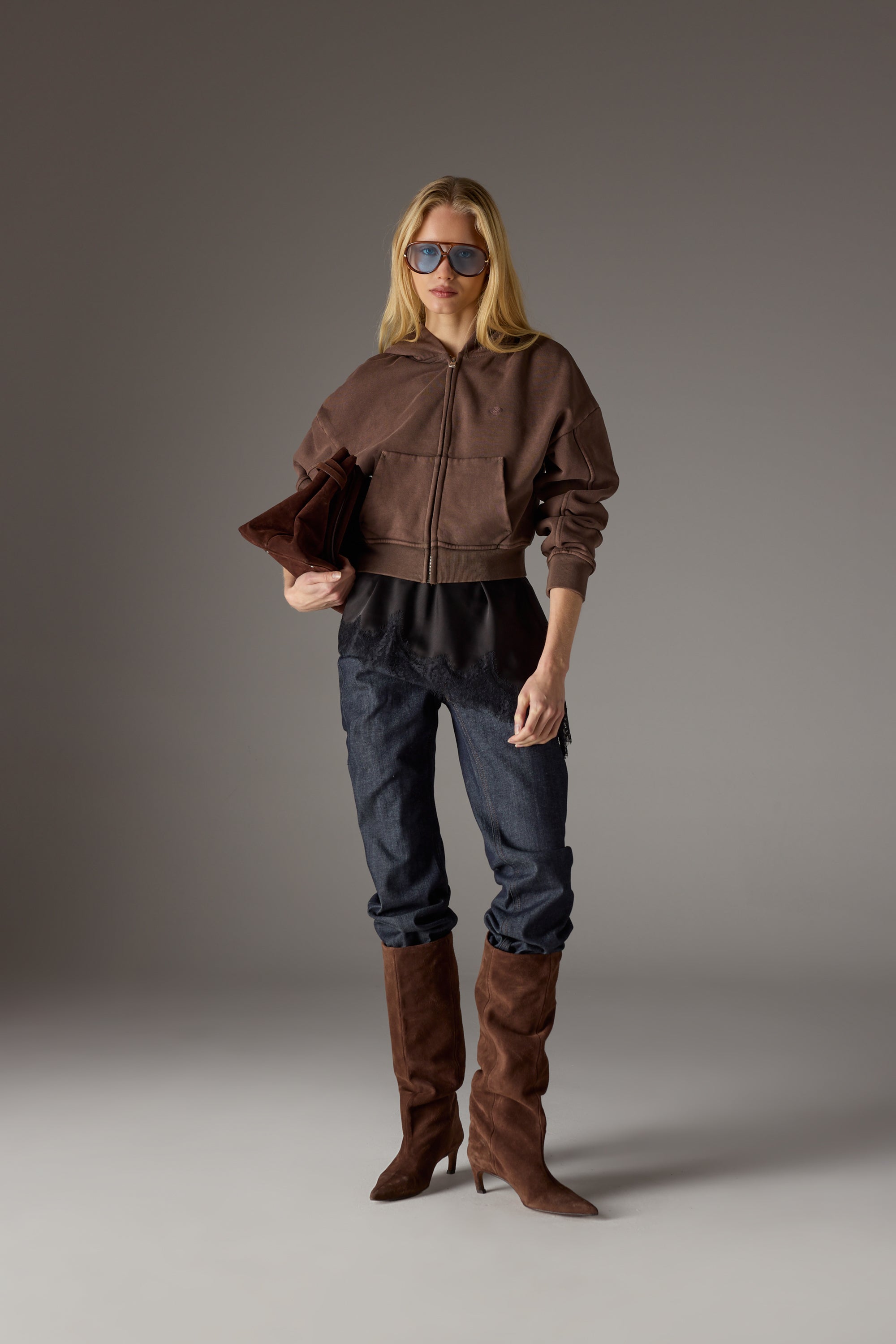 WASHED ZIP THROUGH CROPPED HOODIE - CHOCOLATE