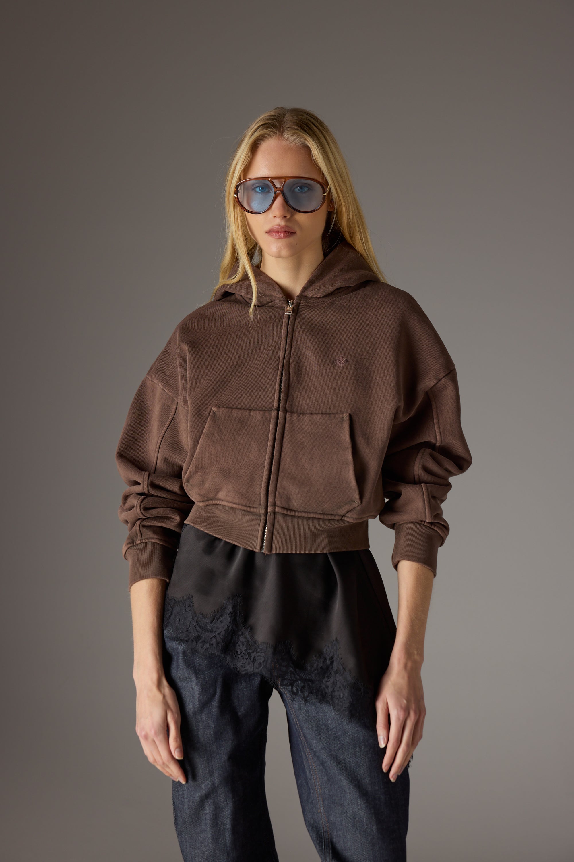 WASHED ZIP THROUGH CROPPED HOODIE - CHOCOLATE