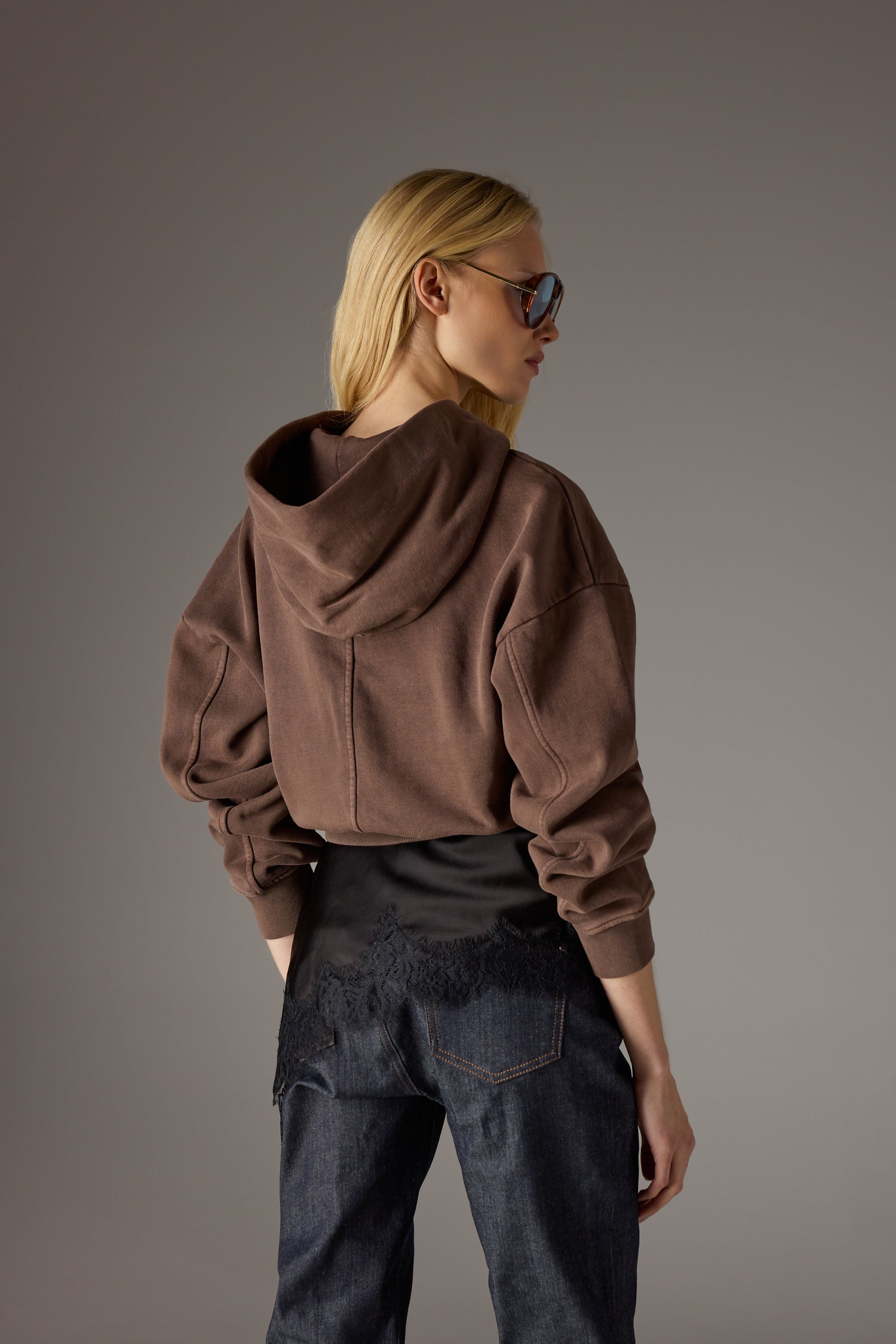 WASHED ZIP THROUGH CROPPED HOODIE - CHOCOLATE