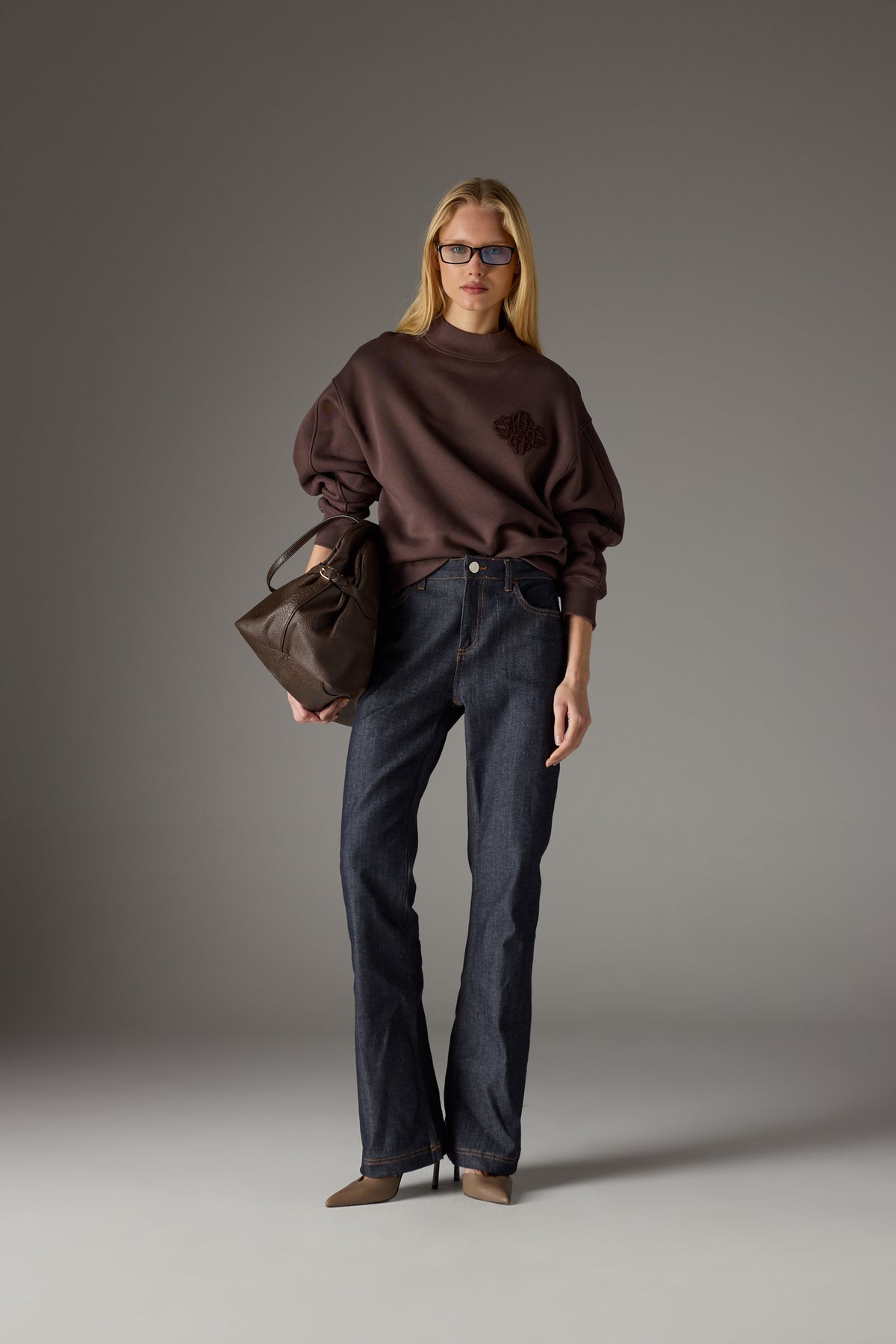 CHENILLE EMBLEM MOCK NECK CREW - CHOCOLATE