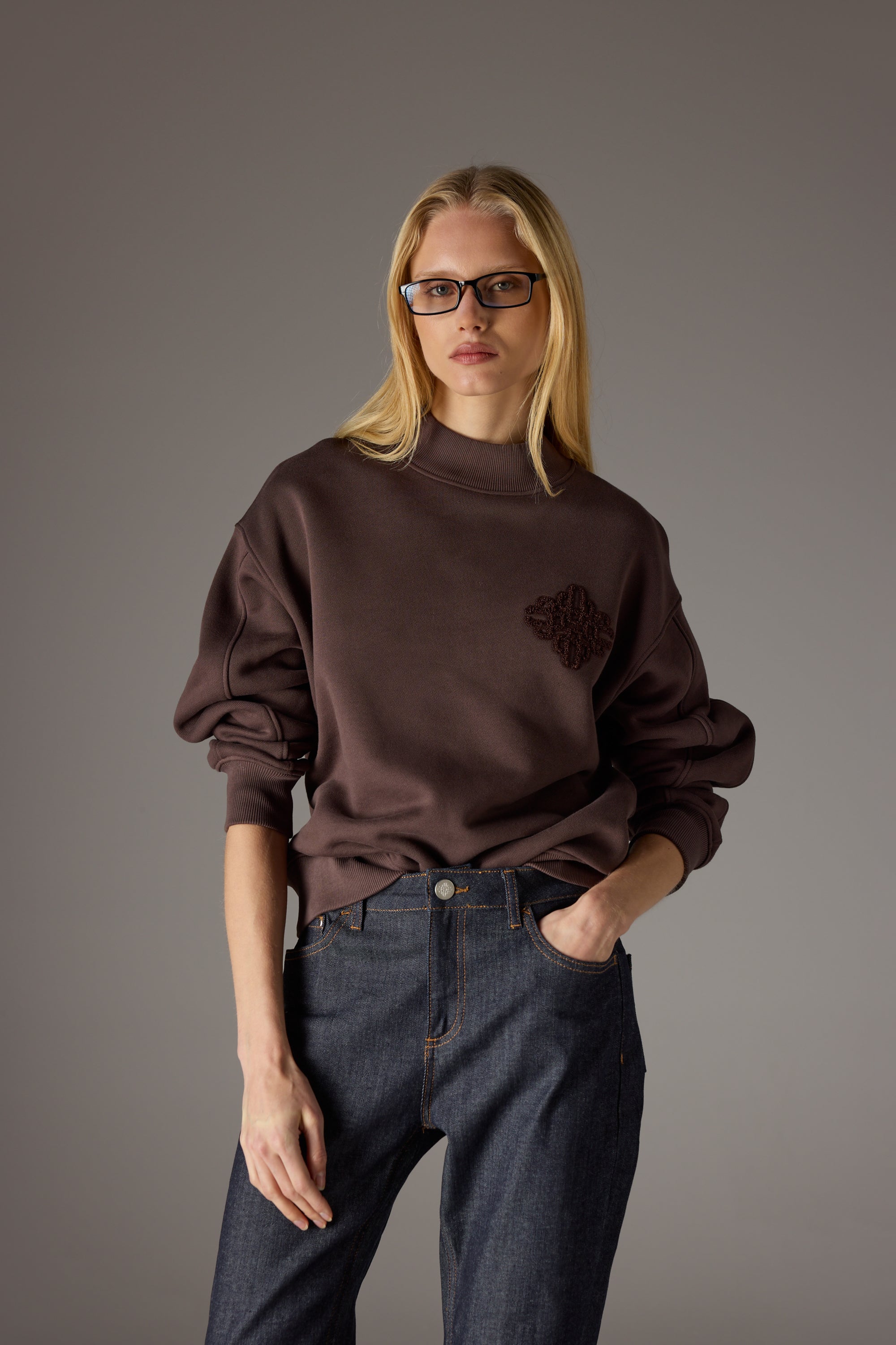 CHENILLE EMBLEM MOCK NECK CREW - CHOCOLATE