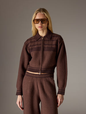CONTRAST STRIPE KNITTED ZIP THROUGH - CHOCOLATE