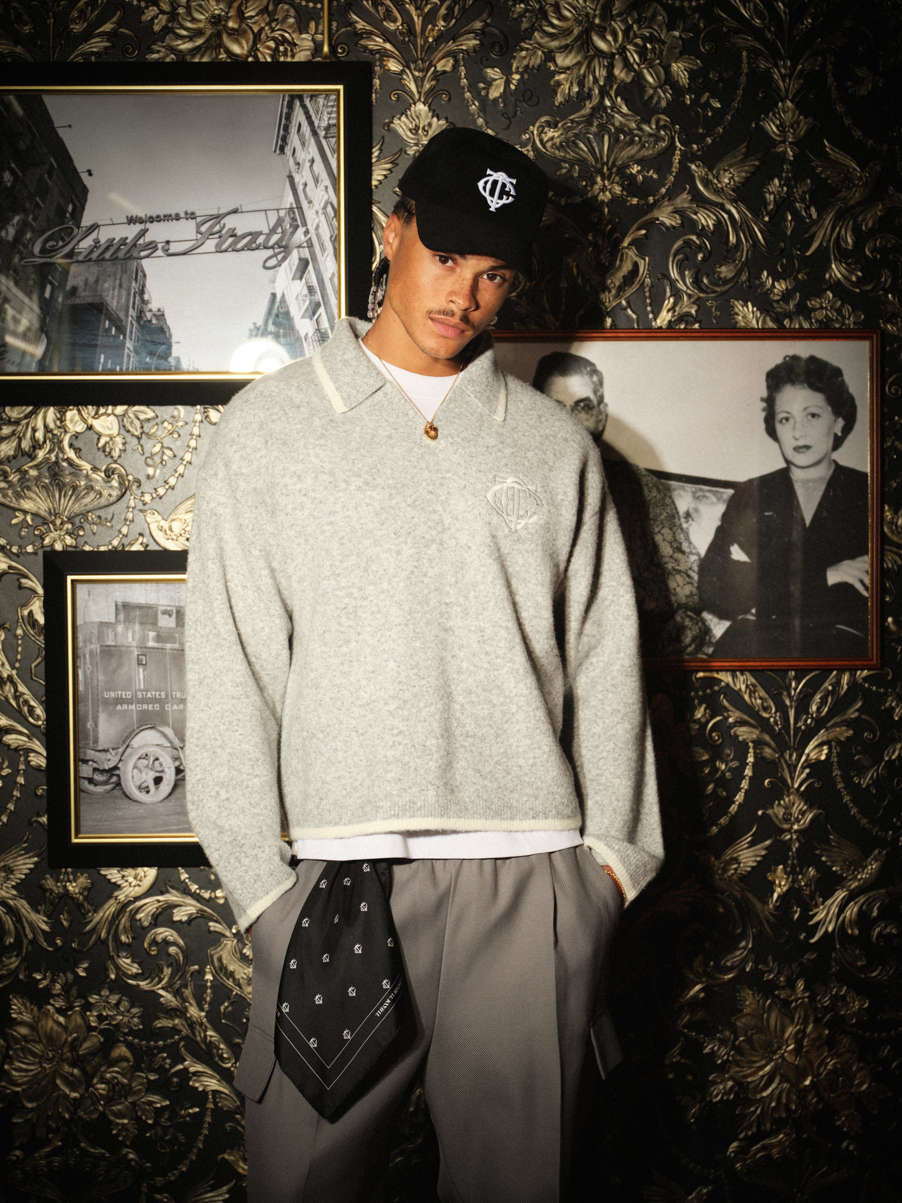 MONOGRAM KNITTED POLO TOP - GREY