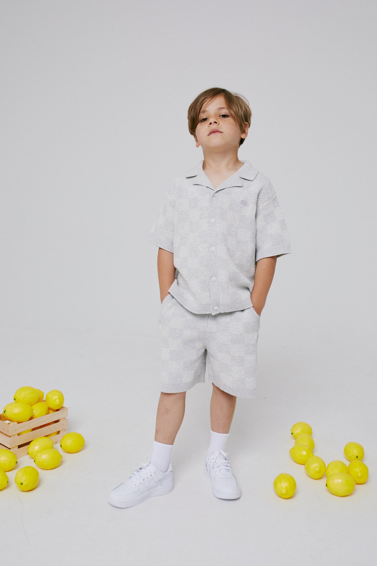 Kids Knitted Checkerboard Shorts - Grey