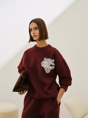 MONOGRAM FLUFFY KNIT CREW - BURGUNDY