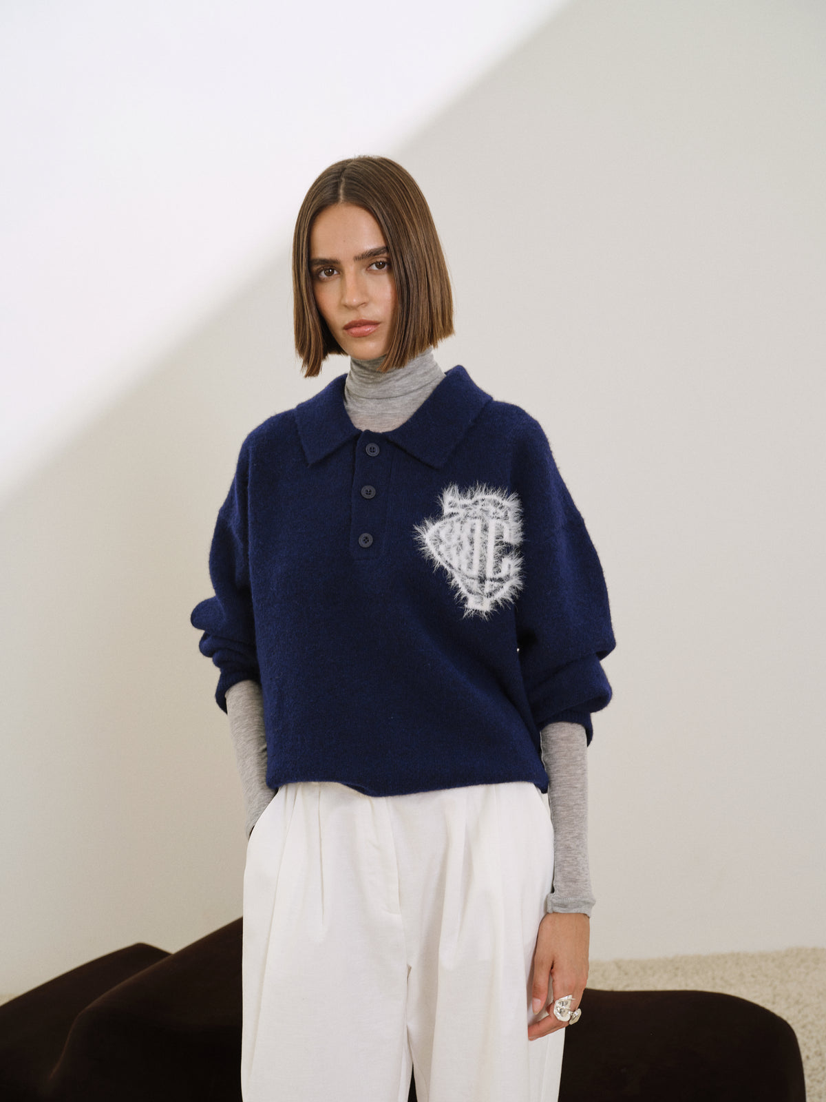 MONOGRAM FLUFFY KNIT POLO - NAVY