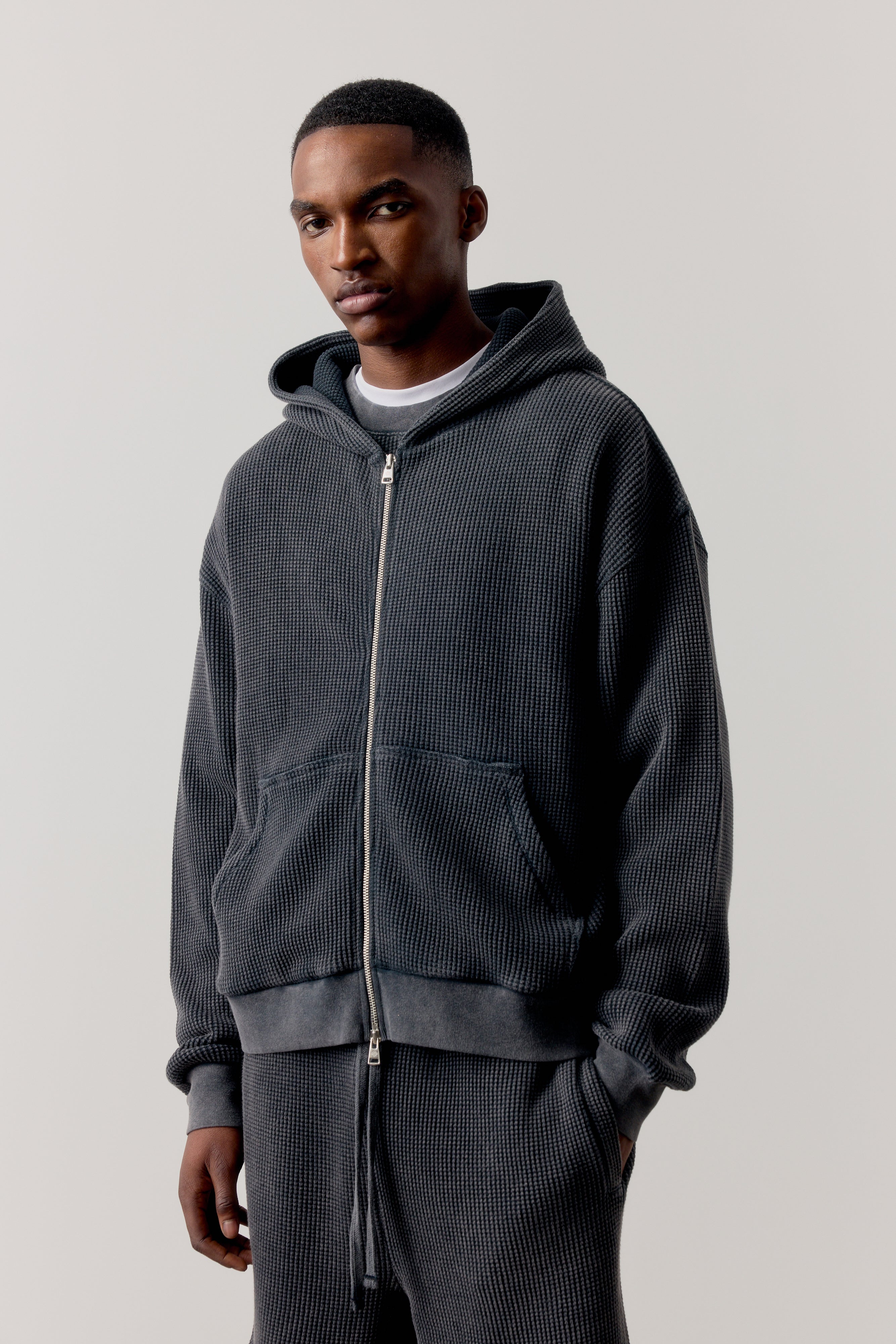WAFFLE ZIP THROUGH HOODIE - BLACK