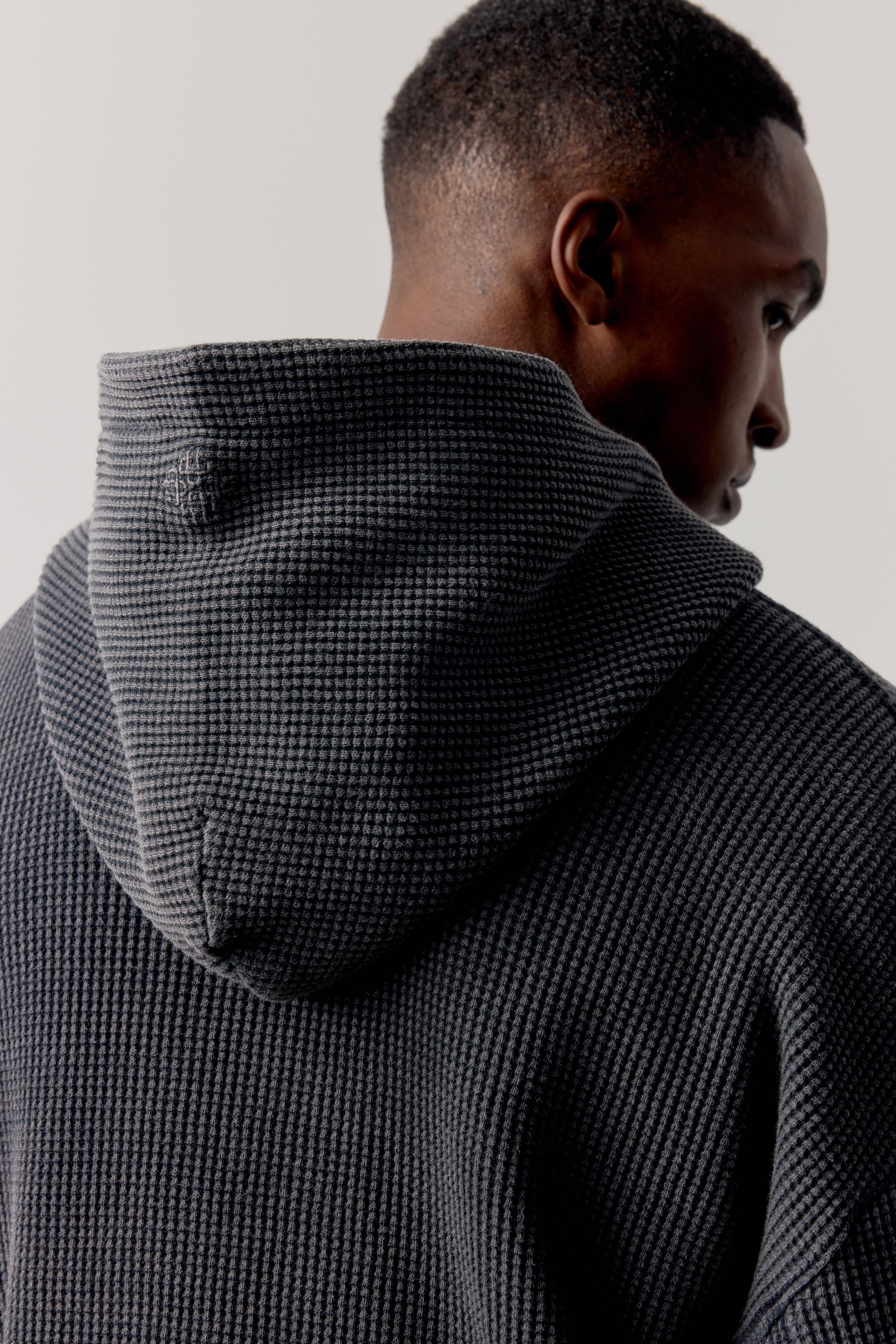 WAFFLE ZIP THROUGH HOODIE - BLACK